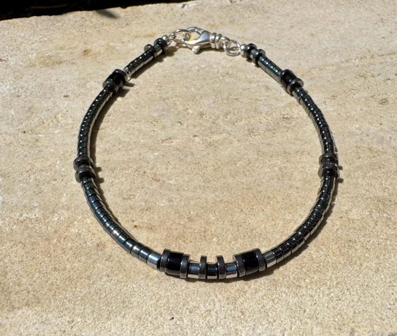 Hematite and Black Onyx Bracelet, Sterling Silver Beaded Bracelet, Gemstone Jewelry, Men's Bracelet, Gift for Him