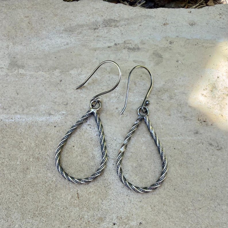 Sterling Silver Teardrop Drop Earrings – Rustic Twisted Wire Pattern image 5