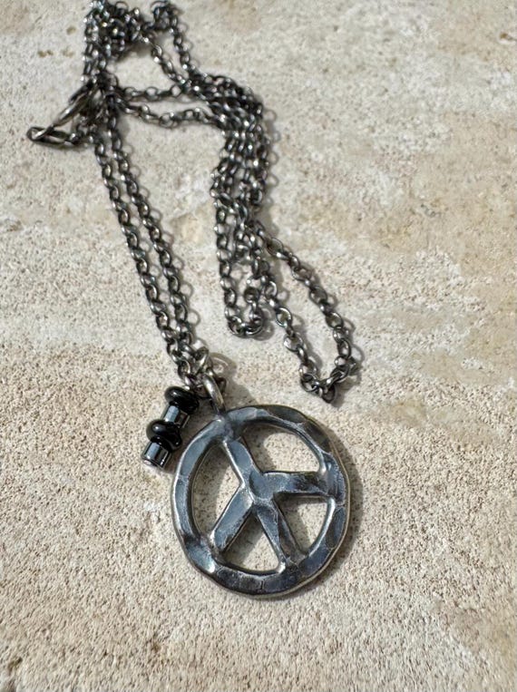 Peace Pendant Necklace, Black Onyx Charm with Hematite Accent, Peace Charm, Onyx Necklace, Peace Necklace, Gift Idea