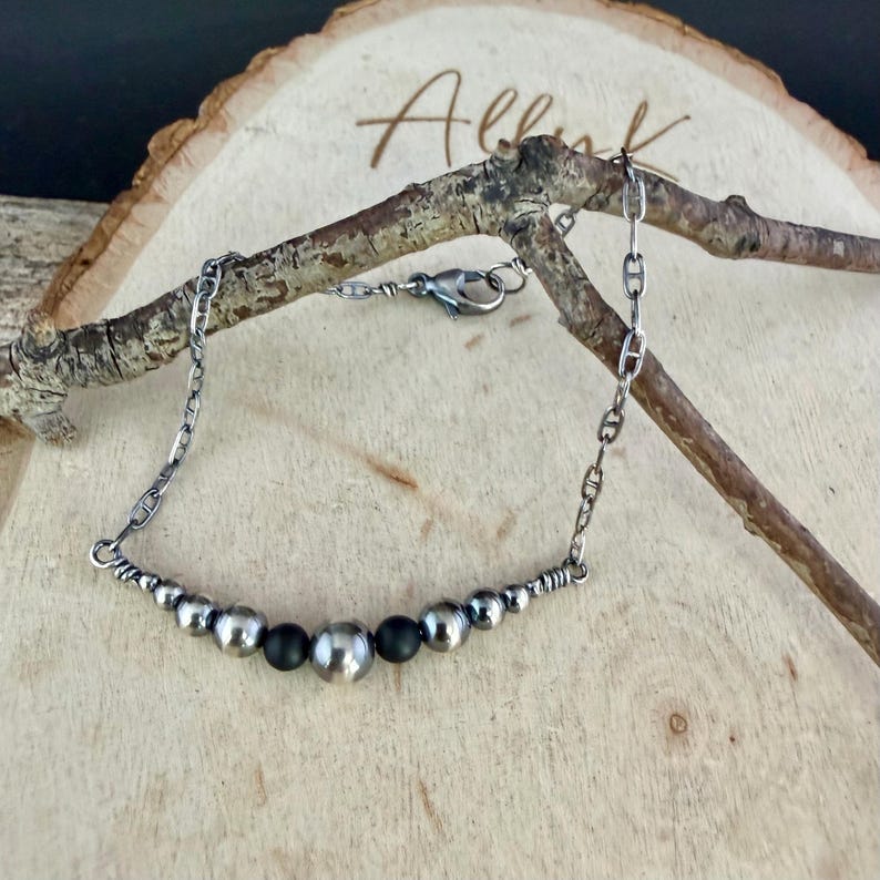 Desert Pearl & Onyx Graduated Bar Chain Bracelet | Sterling Silver Southwest Elegance image 4