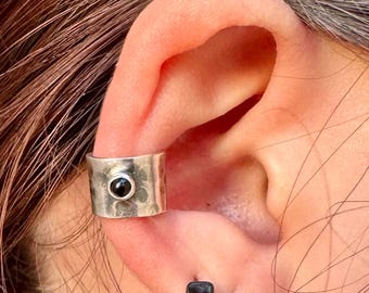 Sterling Silver 3mm Onyx Ear Cuff | Wide Conch Band | No-Piercing Earring