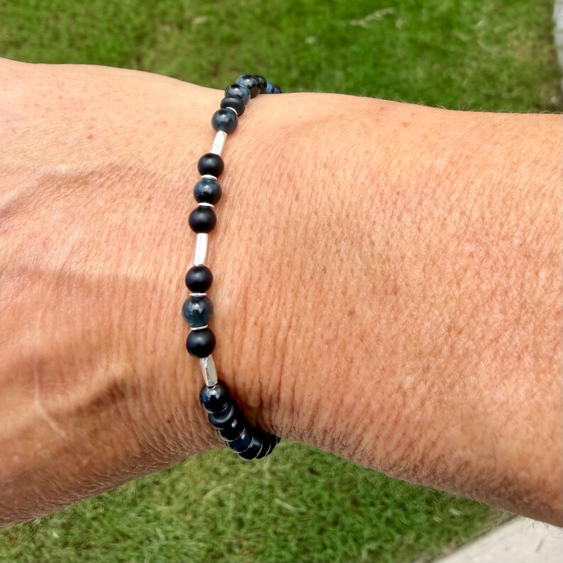 Blue Tiger’s Eye Onyx Bracelet • Hawk’s Eye • Sterling Silver Jewelry image 7