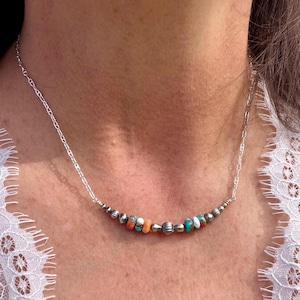 Spiny Oyster Turquoise Bar Necklace • Desert Pearls • Sterling Silver Southwest Necklace image 6