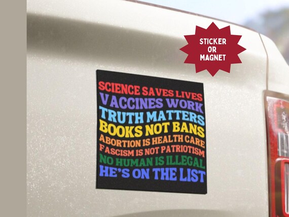Anti-Trump Sticker or Magnet | Anti-MAGA Message, Pro-Vaccine | He’s on the Epstein List