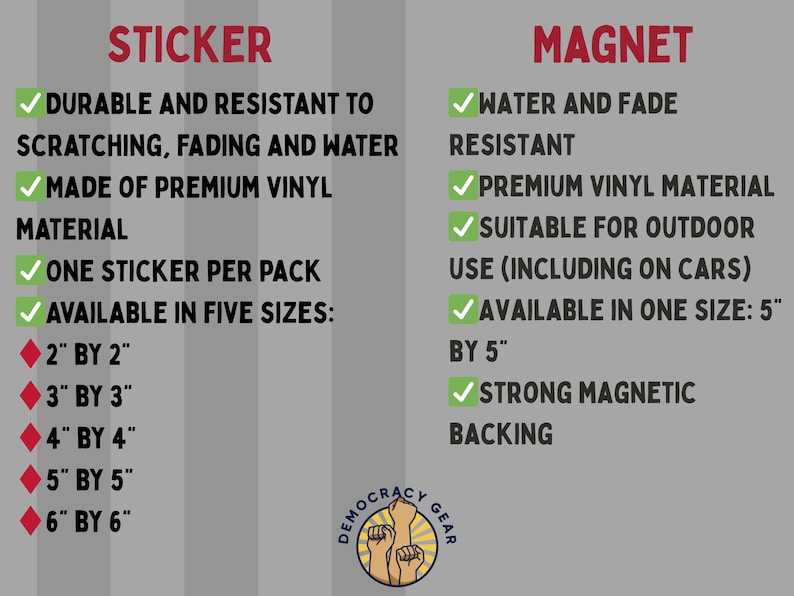 Pode incluir: Gr&aacute;fico informativo comparando adesivos e &iacute;m&atilde;s. Os adesivos s&atilde;o dur&aacute;veis, feitos de vinil premium e dispon&iacute;veis em cinco tamanhos, de 5 cm x 5 cm a 15 cm x 15 cm. Os &iacute;m&atilde;s s&atilde;o resistentes &agrave; &aacute;gua e ao desbotamento, adequados para uso externo e em um tamanho de 12,7 cm x 12,7 cm.