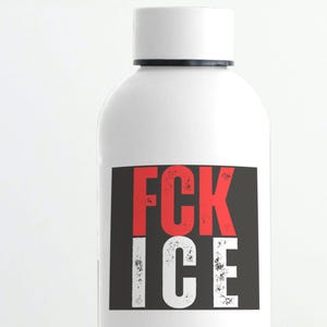 May include: White bottle with a black label displaying the text "FCK ICE" in red and white distressed font. The bottle has a white cap and a rounded shape, against a white backdrop.