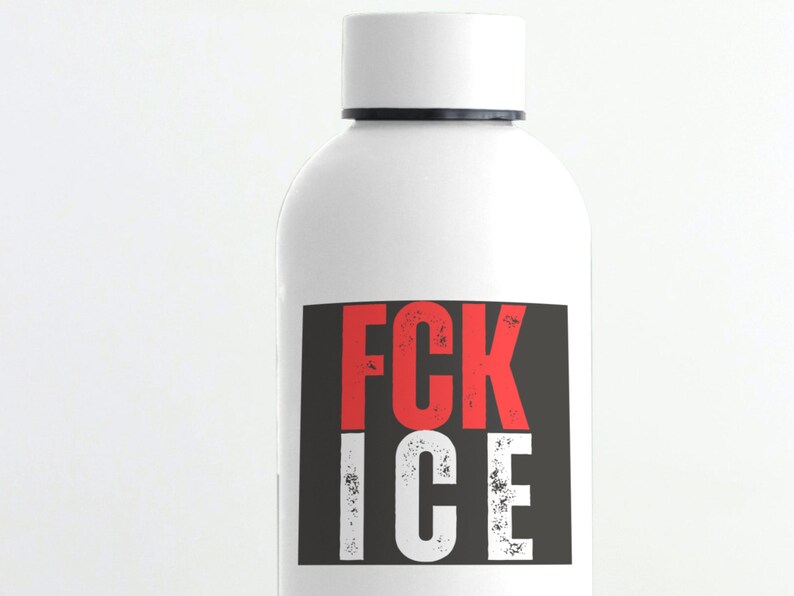 May include: White bottle with a black label displaying the text "FCK ICE" in red and white distressed font. The bottle has a white cap and a rounded shape, against a white backdrop.