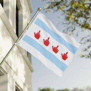 May include: A white flag with four red hand gestures, each displaying the middle finger, arranged in a row. The flag also features two light blue horizontal stripes. The flag is mounted on a silver pole.