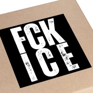 May include: A light brown cardboard box with a black square label. The label displays the white text "FCK ICE" in a distressed, bold font. The text is centered.