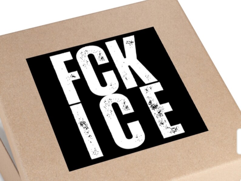 May include: A light brown cardboard box with a black square label. The label displays the white text "FCK ICE" in a distressed, bold font. The text is centered.