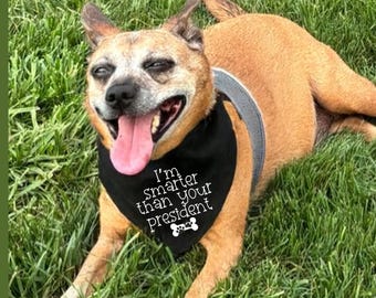 May include: A tan and white dog wearing a black bandana with the text "I'm Smarter than your President" and a bone graphic. The dog is lying on green grass, with its tongue out. A gray harness is visible.