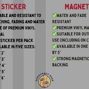 May include: An image comparing stickers and magnets. Stickers are durable, made of premium vinyl, and available in five sizes, from 5 cm by 5 cm to 15 cm by 15 cm. Magnets are water and fade-resistant, suitable for outdoor use, and available in one 12.7 cm by 12.7 cm size.