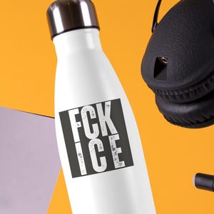 May include: White water bottle with a silver lid and the text "FCK ICE" in a black and white design. Black headphones and a black microphone are in the background. The background is orange and grey.
