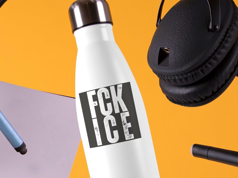 May include: White water bottle with a silver lid and the text "FCK ICE" in a black and white design. Black headphones and a black microphone are in the background. The background is orange and grey.