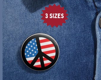 Pin con el símbolo de la paz: Botón de protesta contra la guerra con la bandera estadounidense (3 tamaños)