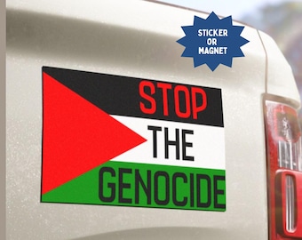 May include: Rectangular sticker or magnet with the Palestinian flag design and the words "STOP THE GENOCIDE" in red and black. The sticker is affixed to a white vehicle.