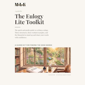Könnte beinhalten: Ein digitales Dokument mit dem Titel The Eulogy Lite Toolkit von MLE Legacy Studios. Es zeigt eine Aquarellillustration eines Schreibtisches mit einem Buch, einem Tintenfass und einer Tasse vor einem Fenster mit Blick auf einen Garten.