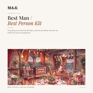 May include: A Best Man / Best Person Kit featuring a mini kit for one toast. The text reads: Best Man / Best Person Kit, Everything you need for the Best Man or Best Person tribute, and Know your role, then find your words. Includes a wedding scene.