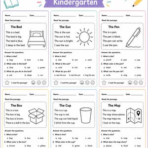 Könnte beinhalten: Ein Set von CVC-Leseverständnis-Arbeitsblättern für den Kindergarten mit sechs Abschnitten, die kurze Texte über ein Bett, eine Sonne, einen Stift, eine Box, einen Becher und eine Karte enthalten. Jeder Abschnitt bietet Multiple-Choice-Fragen, Zeilen für Name und Datum sowie Symbole für Buch, Stift und Stern.
