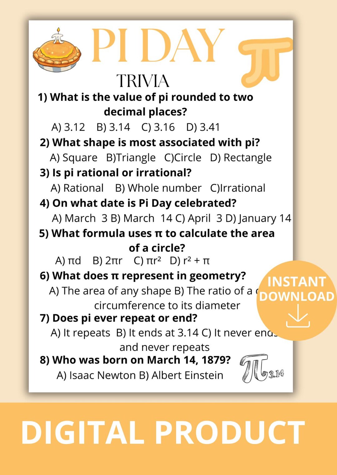 Pi Day Trivia Game, March 14 Math Quiz, Classroom Activity (digital ...