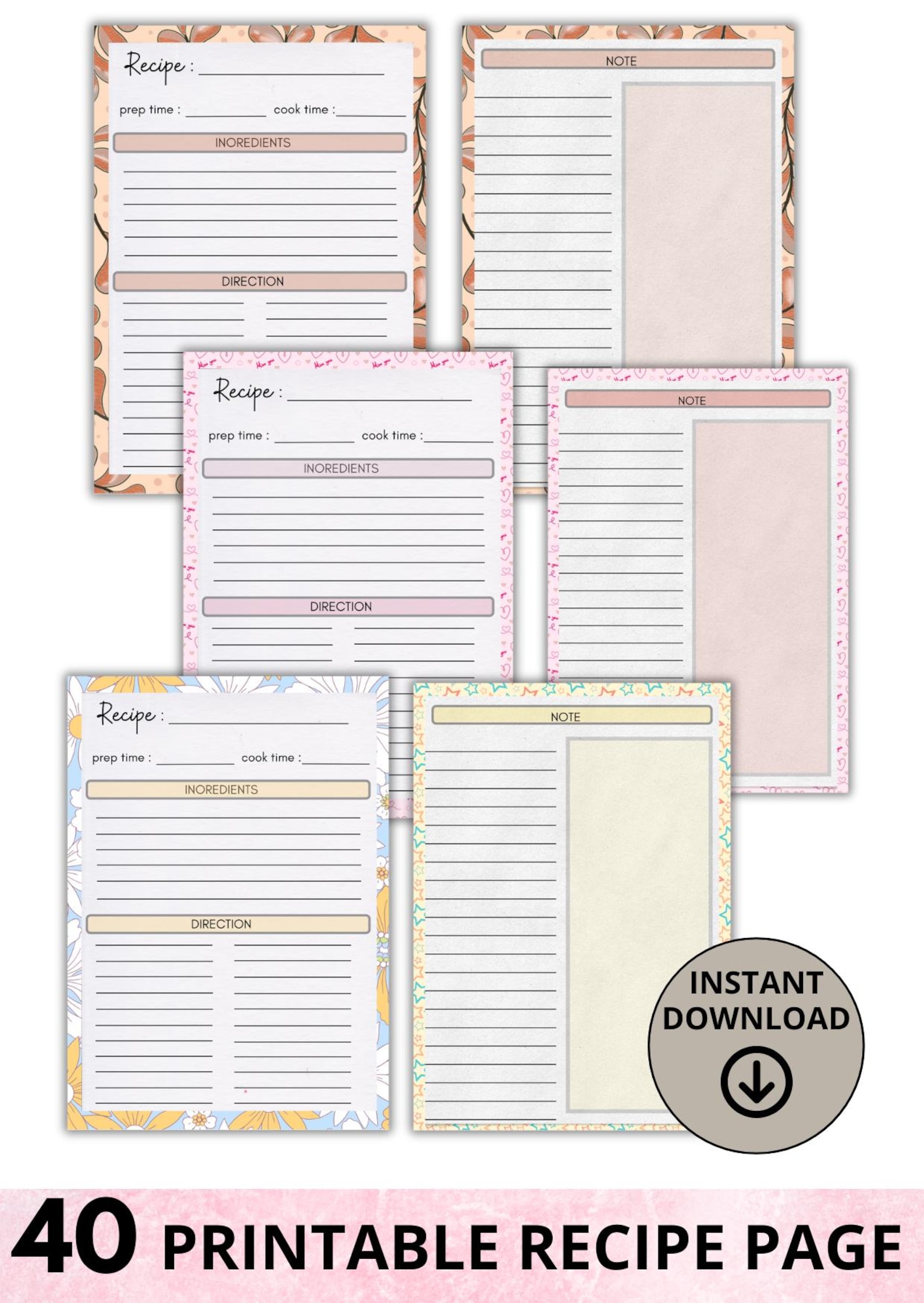 Static Recipe Post Recipe Template for Home Cooks | 20 Floral Designs | Static PDF - Etsy