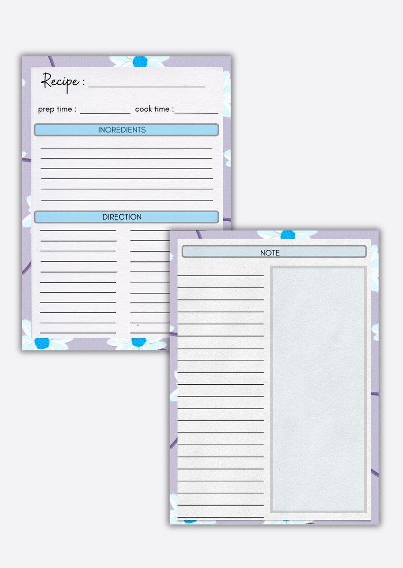 Recipe Template for Home Cooks | 20 Floral Designs | Static PDF - Etsy