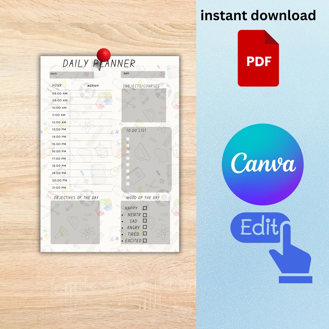Cute Daily Planner Printable | Aesthetic School-themed Daily Schedule ...
