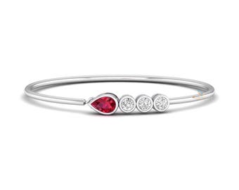 East West Pear & Round Lab Grown Diamond Bangle Bracelet, Four Stone Bezel Set Bracelet, Lab Created Diamond Bracelet,Christmas Gift For Her