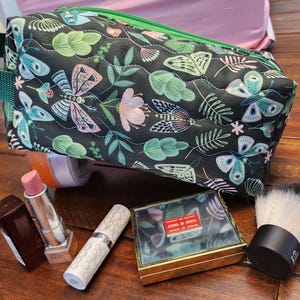 Handmade Quilted Cosmetic Travel Bag - Zippered Makeup Pouch with Handle