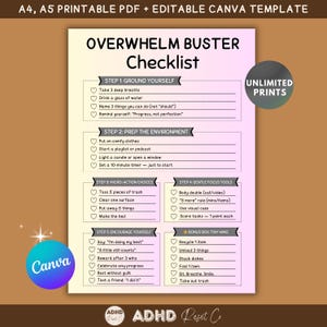 May include: A4 and A5 printable PDF checklist, titled "Overwhelm Buster Checklist", designed to help manage stress. It includes steps for grounding, environment preparation, micro-actions, focus tools, and self-encouragement. Features a Canva logo and "Unlimited Prints".