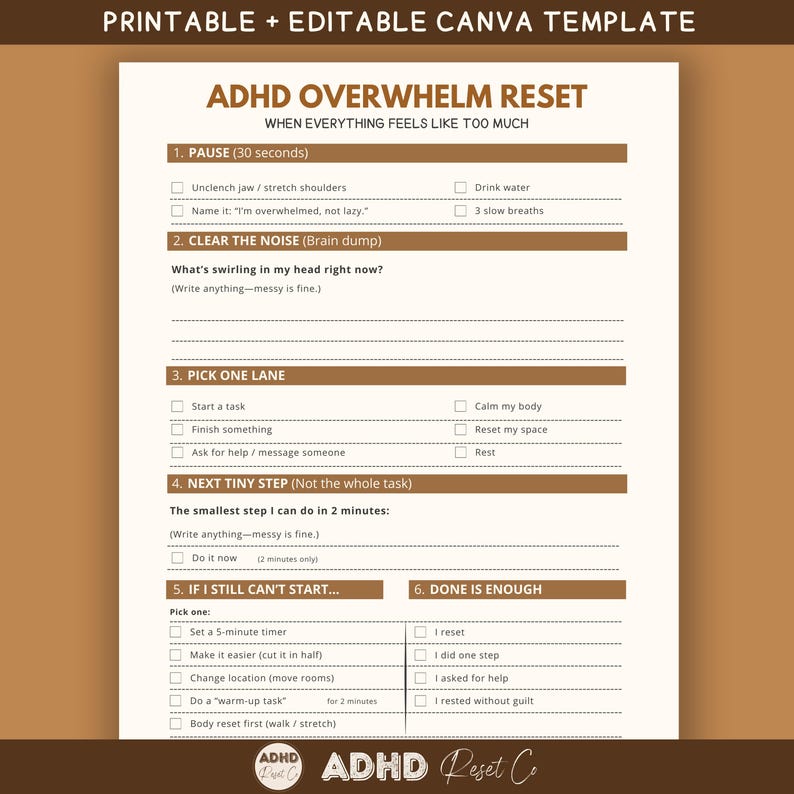 2026 ADHD Overwhelm Reset Planner | Executive Function Worksheet (canva ...
