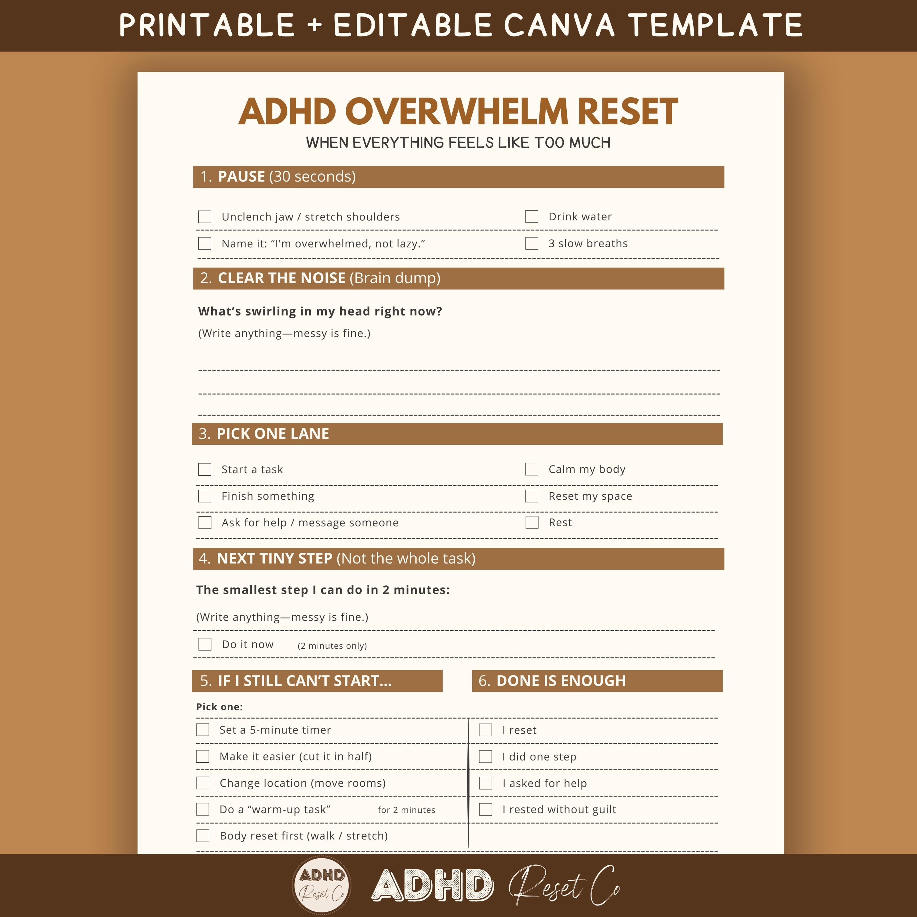 2026 ADHD Overwhelm Reset Planner | Executive Function Worksheet (canva ...