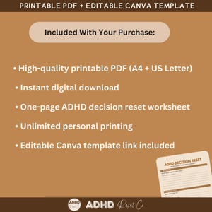 Puede incluir: Gr&aacute;fico de descarga digital beige con el texto "PRINTABLE PDF + EDITABLE CANVA TEMPLATE". La imagen enumera los elementos incluidos: PDF imprimible de alta calidad, descarga digital instant&aacute;nea, hoja de trabajo de reinicio de decisiones TDAH.