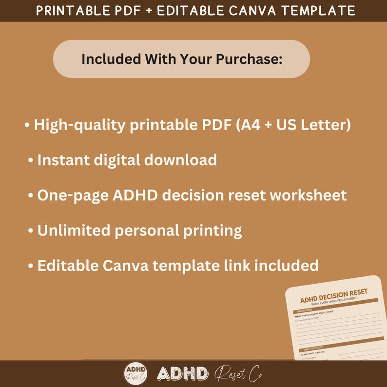 Puede incluir: Gr&aacute;fico de descarga digital beige con el texto "PRINTABLE PDF + EDITABLE CANVA TEMPLATE". La imagen enumera los elementos incluidos: PDF imprimible de alta calidad, descarga digital instant&aacute;nea, hoja de trabajo de reinicio de decisiones TDAH.