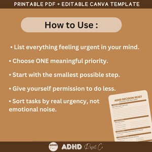 Puede incluir: Una plantilla PDF imprimible y editable en Canva, con instrucciones. La plantilla gu&iacute;a a los usuarios sobre c&oacute;mo administrar tareas, incluyendo la lista de tareas urgentes, la elecci&oacute;n de una prioridad y el comienzo con pasos peque&ntilde;os. Tambi&eacute;n se muestra una hoja de trabajo de ejemplo.