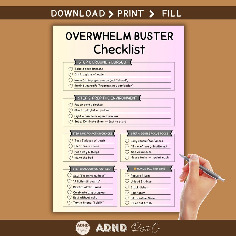 2026 ADHD Checklist Printable PDF, Overwhelm Reset Planner for Anxiety ...