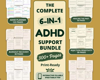 ADHD Planner, 5 Workbooks, Late Diagnosis, Burnout Recovery, Neurodiversity, Rejection Sensitivity, Cleaning, Printable, PDF