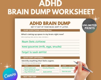 2026 ADHD Brain Dump Worksheet | Clutter Reset Planner (Canva Editable, PDF Download)