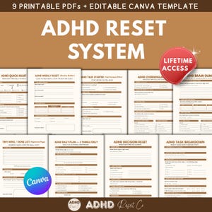 Könnte beinhalten: Eine Sammlung von neun druckbaren PDF-Vorlagen für das ADHS-Management, mit einer editierbaren Canva-Vorlage. Die Vorlagen umfassen Abschnitte für schnelle Resets, Wochenplanung, Aufgabenstarter und mehr. Ein roter Aufkleber lautet "Lifetime Access".
