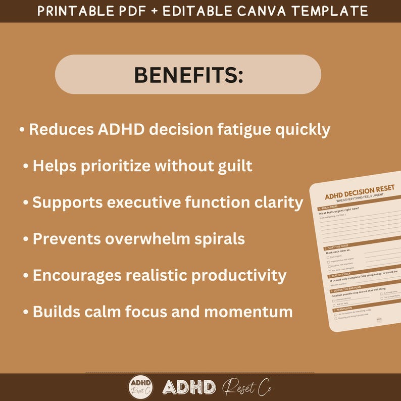 Puede incluir: Una plantilla PDF imprimible y editable de Canva con el texto "BENEFICIOS:" y vi&ntilde;etas que enumeran beneficios como la reducci&oacute;n de la fatiga por decisiones de TDAH y la construcci&oacute;n de un enfoque tranquilo. Una hoja de trabajo es visible en el fondo.