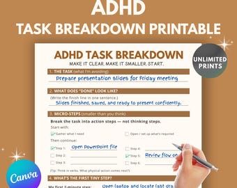 2026 ADHD Task Breakdown Worksheet Printable  Step-by-Step Planner Sheet PDF + Editable Canva Template  Executive Dysfunction Help