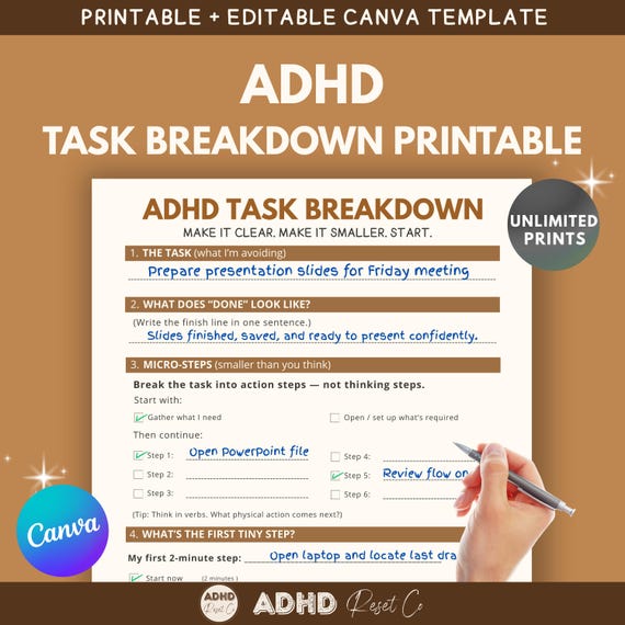 2026 ADHD Task Breakdown Worksheet Printable  Step-by-Step Planner Sheet PDF + Editable Canva Template  Executive Dysfunction Help
