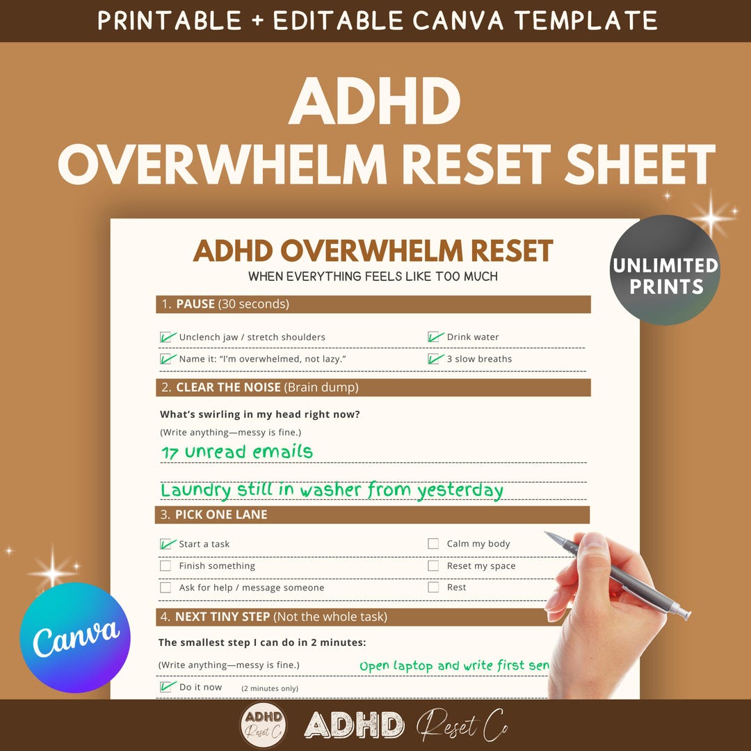 2026 ADHD Overwhelm Reset Planner | Executive Function Worksheet (canva ...