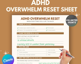 2026 ADHD Overwhelm Reset Planner | Executive Function Worksheet (Canva Template + PDF)