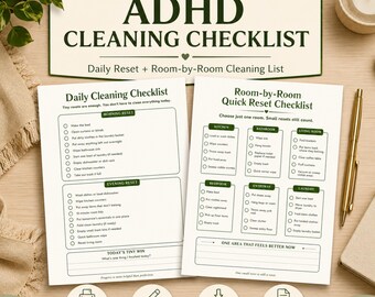 ADHD Cleaning Checklist Printable & Editable Canva Template, Daily Cleaning List for ADHD Adults, Home Reset Planner, Instant PDF Download