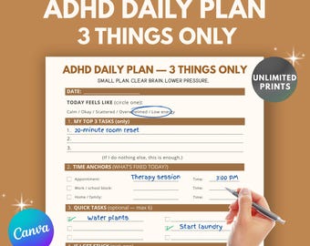 2026 ADHD Daily Planner Printable | 3 Things Only Planner Sheet | One Page ADHD Worksheet PDF + Editable Canva Template