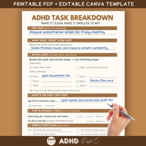 May include: A printable ADHD task breakdown template with a brown and white design. The template includes sections for defining tasks, micro-steps, and time estimates. The text includes "ADHD Task Breakdown" and "Printable PDF + Editable Canva Template".