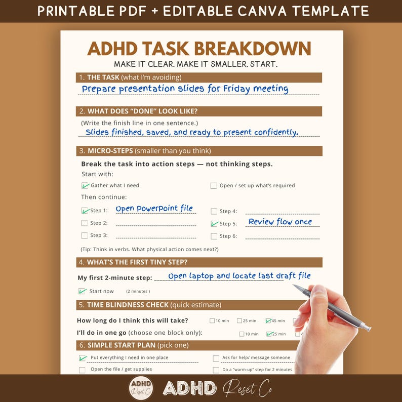 May include: A printable ADHD task breakdown template with a brown and white design. The template includes sections for defining tasks, micro-steps, and time estimates. The text includes "ADHD Task Breakdown" and "Printable PDF + Editable Canva Template".