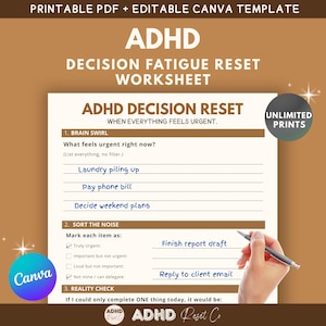 Puede incluir: Hoja de trabajo imprimible de restablecimiento de la fatiga por decisiones de TDAH con el texto "ADHD Decision Reset" y "When Everything Feels Urgent." La hoja de trabajo incluye secciones para enumerar tareas urgentes, clasificarlas y una verificación de la realidad.