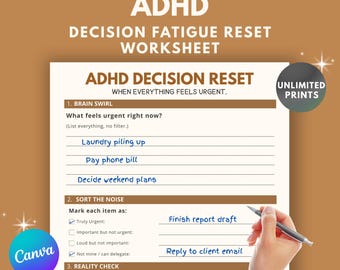 2026 ADHD Decision Fatigue Worksheet Printable | Priority Reset Planner PDF + Editable Canva Template | ADHD Overwhelm Help